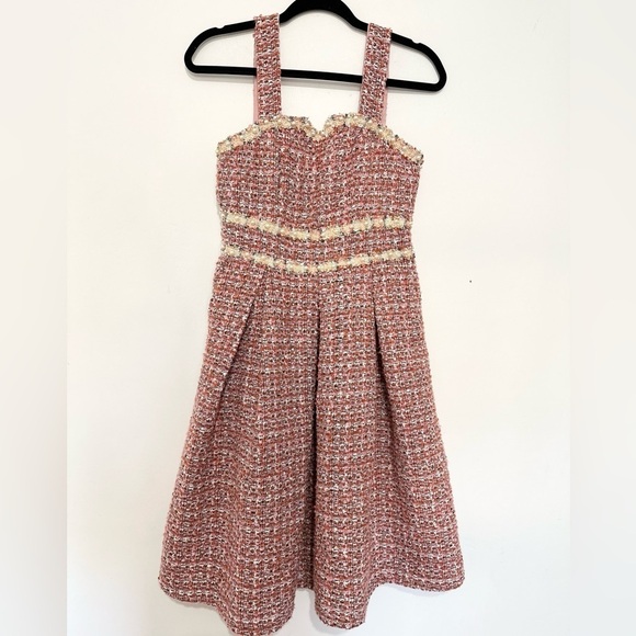 Girly pink tweed dress midi modest pearls office job event date night large? - Picture 1 of 5